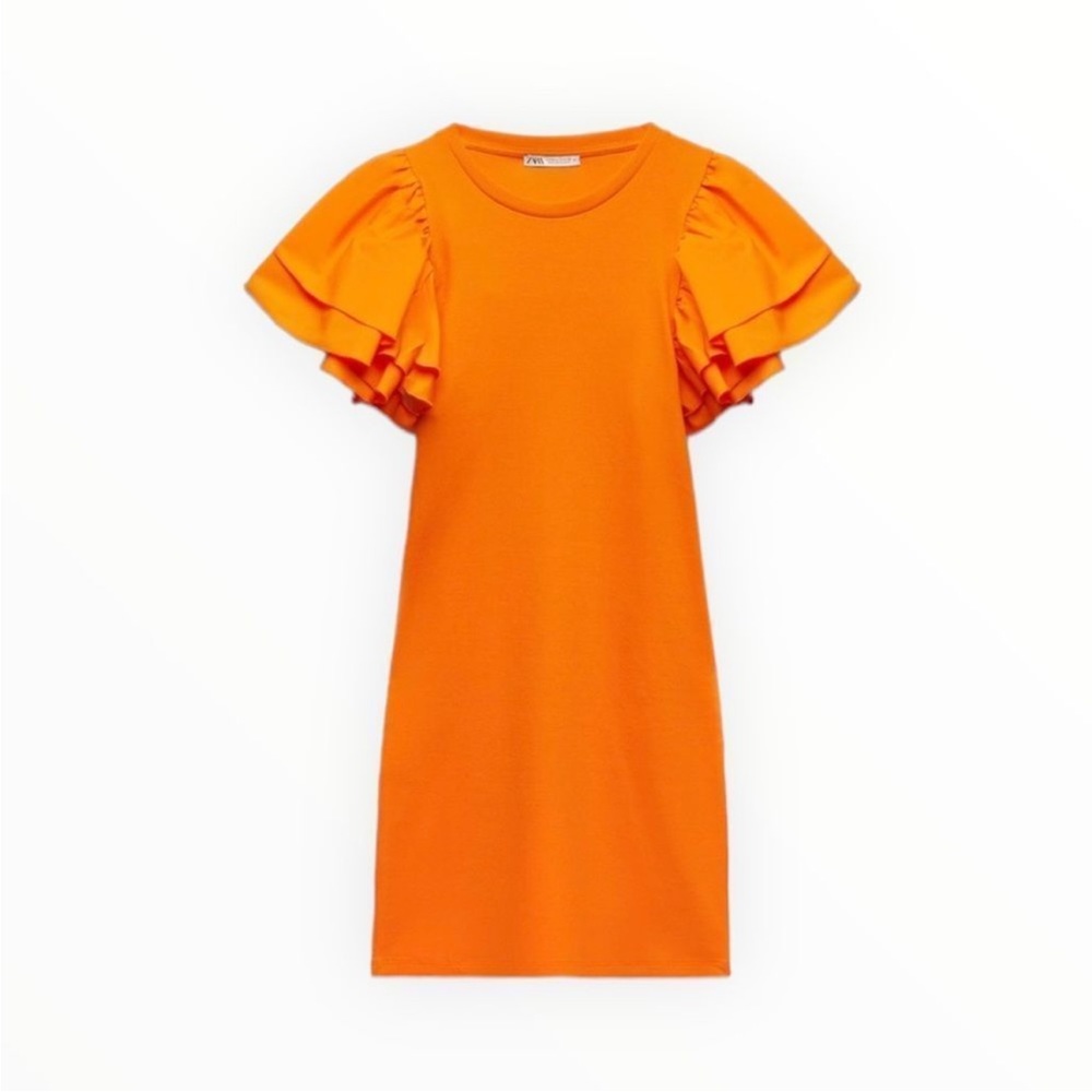 NWT Zara Orange Ribbed Ruffle Sleeve Dress. Size M.